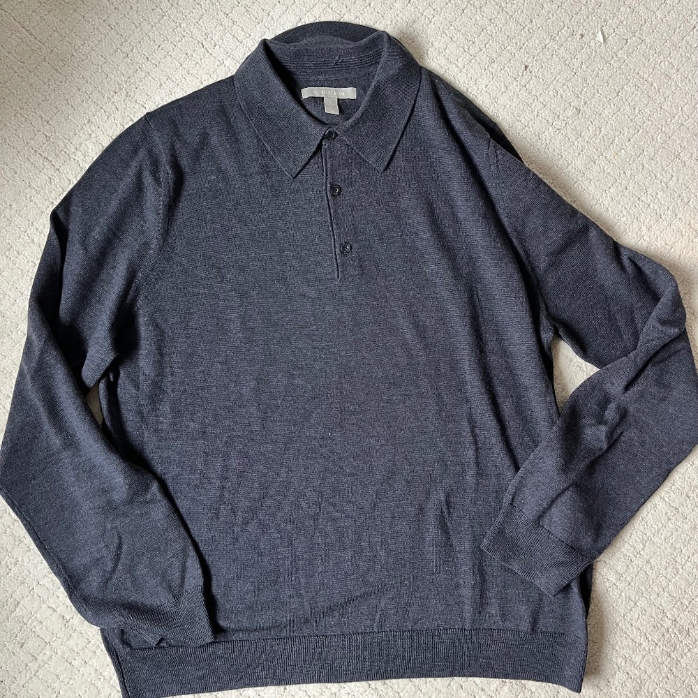 Nordstrom Extra Fine Merino Wool Polo Sweater Gray Long Sleeve Luxury Knit Pull